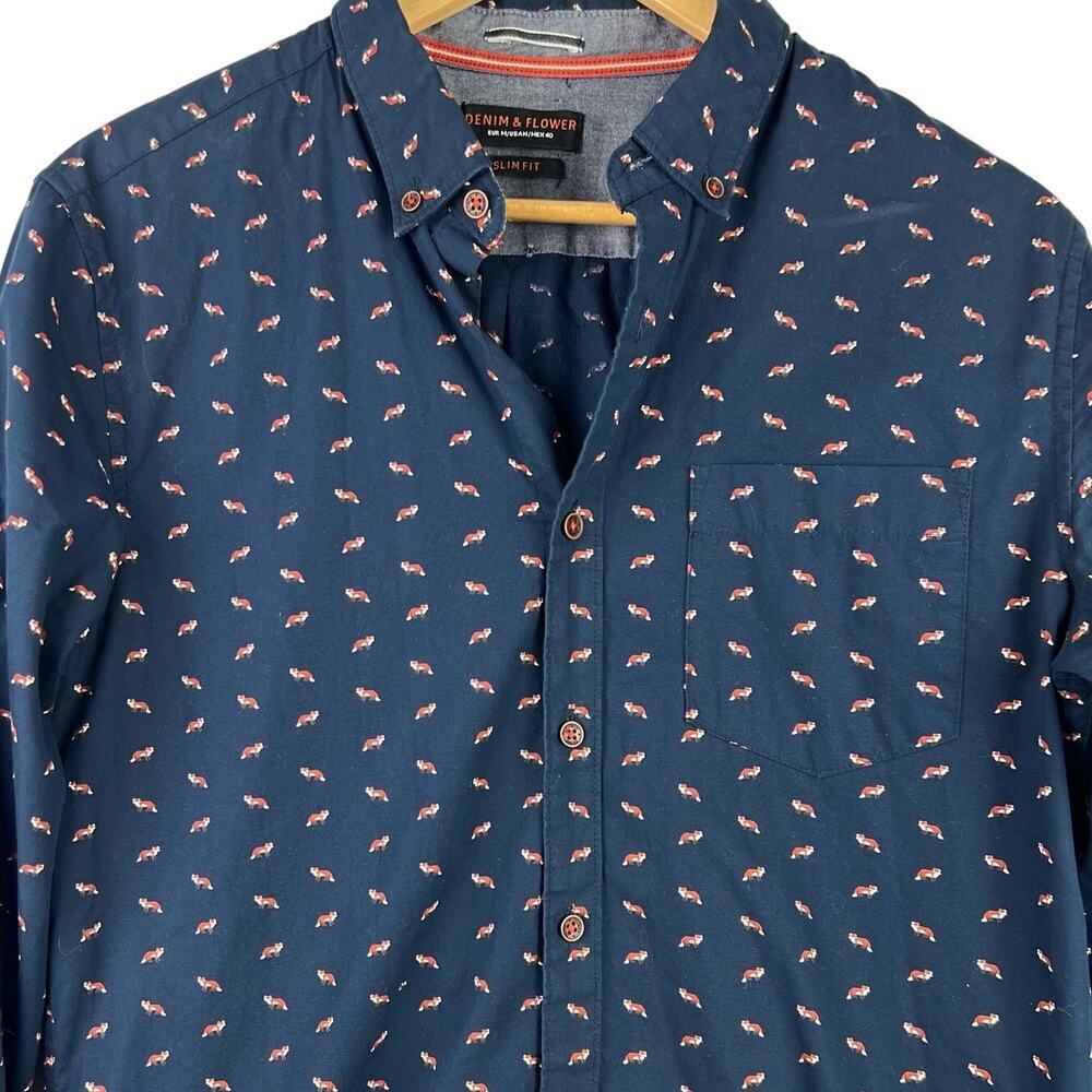 DENIM & FLOWER Fox Print Medium Navy Blue Slim Fit Long Sleeve Button Down Shirt